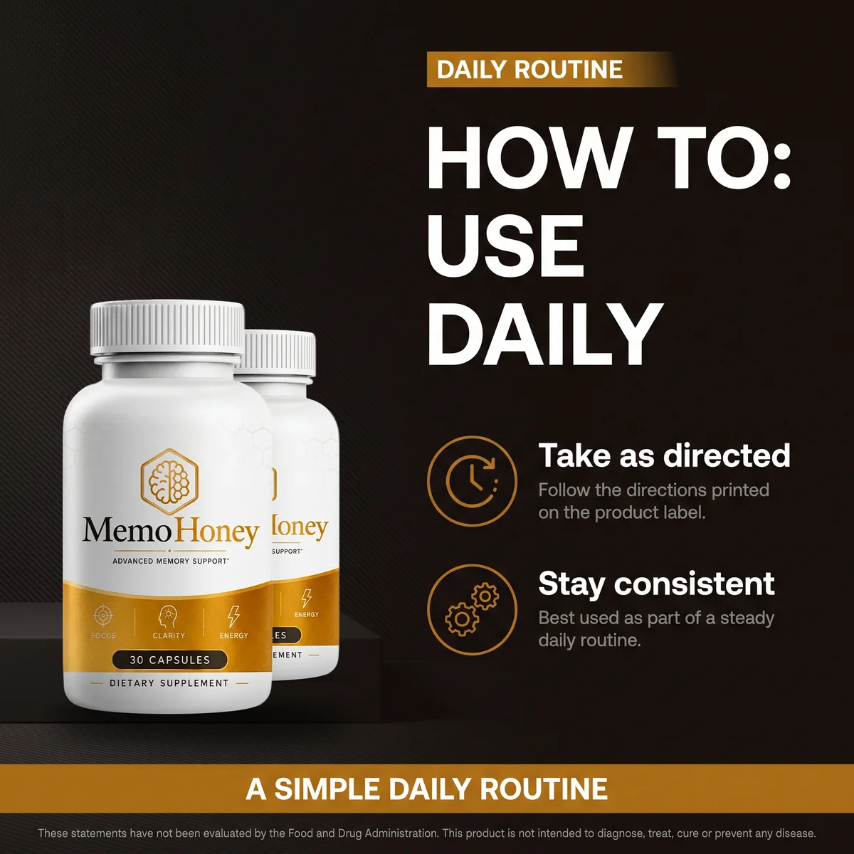 MemoHoney daily routine panel: take as directed, stay consistent