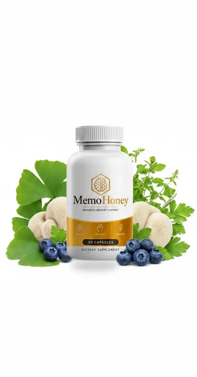 A single MemoHoney bottle standing among ginkgo leaves, blueberries and lion's mane